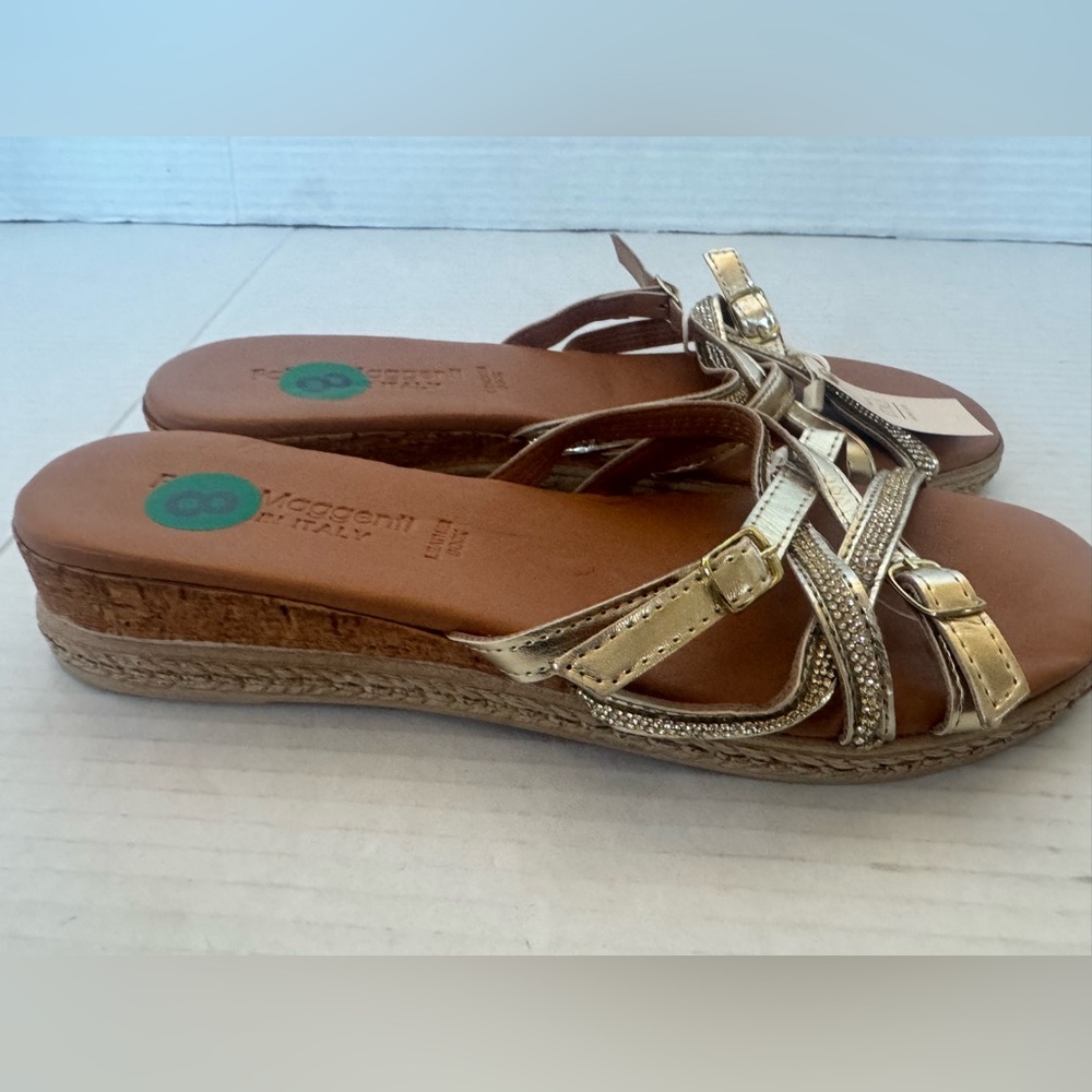 NEW‎ Fabio Maggenti Gold Strappy Espadrille Sandals Size 8 Made in Italy Leather